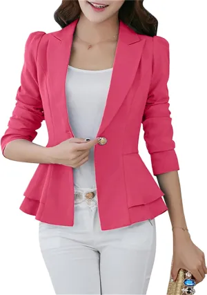 Women Notch Lapel Slim Blazer Plain Long Sleeve Office Jacket Peplum Hem One Button Coat