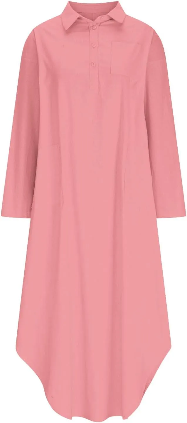 Women Rolled-Up 3/4 Sleeve Maxi Dress Summer Cotton Linen Casual Henley Shirt Dresses Curved Hem Flowy Beach Dress