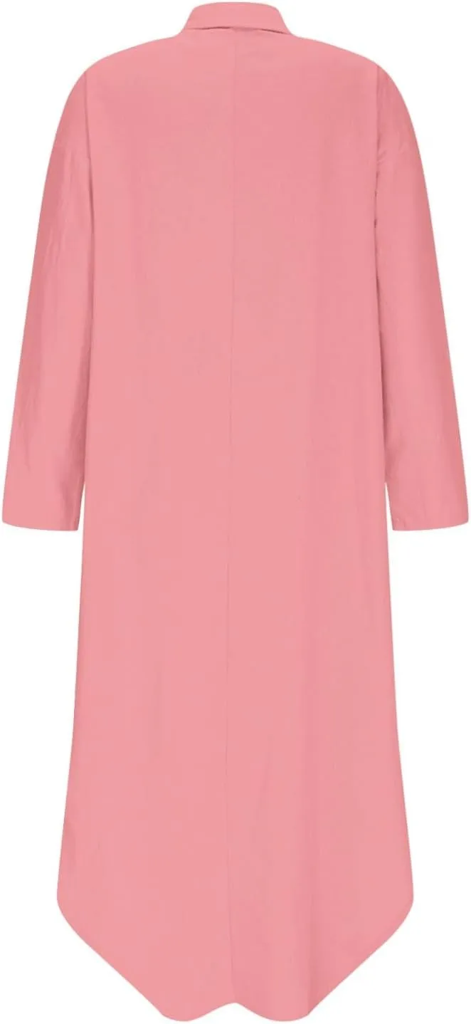 Women Rolled-Up 3/4 Sleeve Maxi Dress Summer Cotton Linen Casual Henley Shirt Dresses Curved Hem Flowy Beach Dress