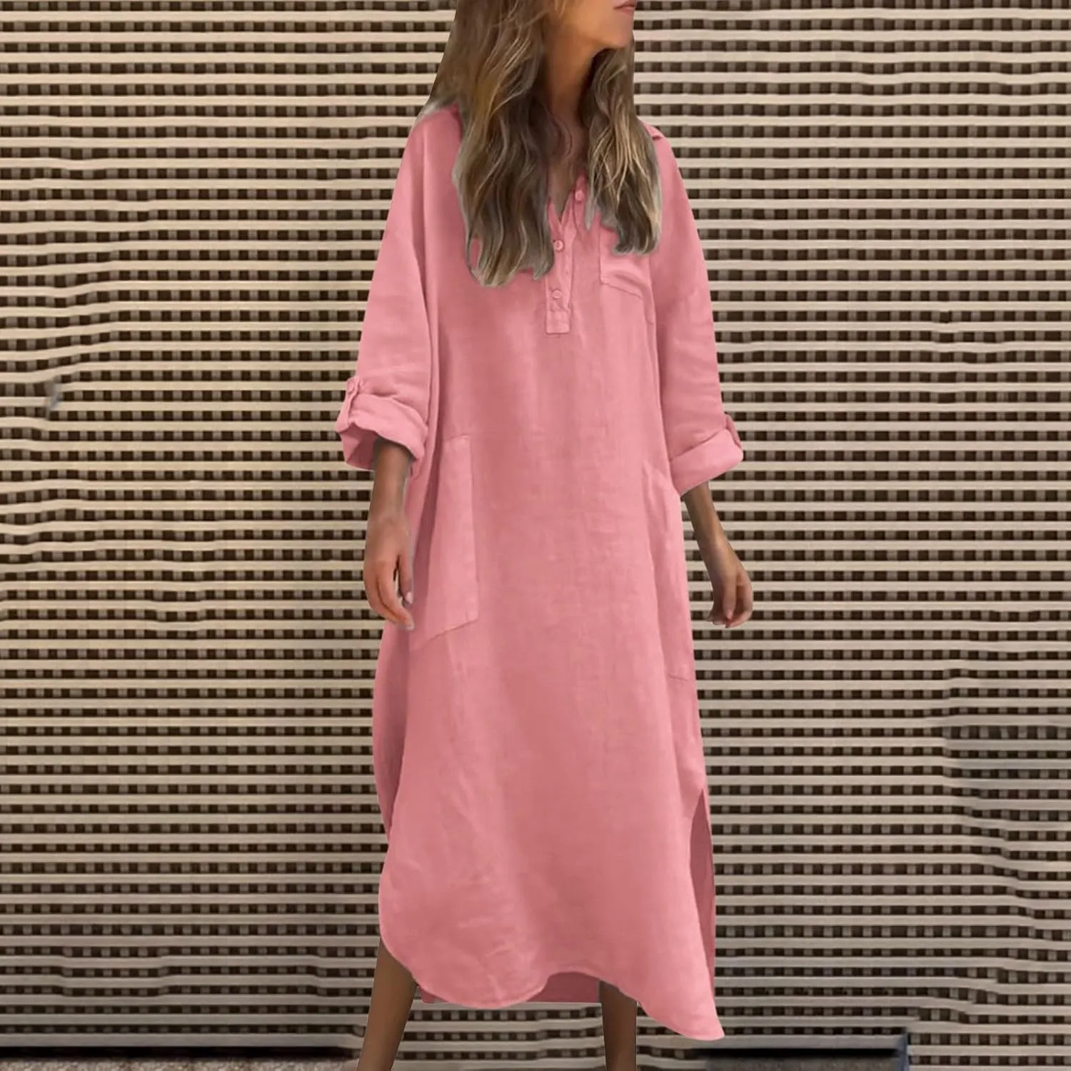 Women Rolled-Up 3/4 Sleeve Maxi Dress Summer Cotton Linen Casual Henley Shirt Dresses Curved Hem Flowy Beach Dress