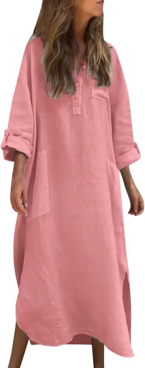 Women Rolled-Up 3/4 Sleeve Maxi Dress Summer Cotton Linen Casual Henley Shirt Dresses Curved Hem Flowy Beach Dress