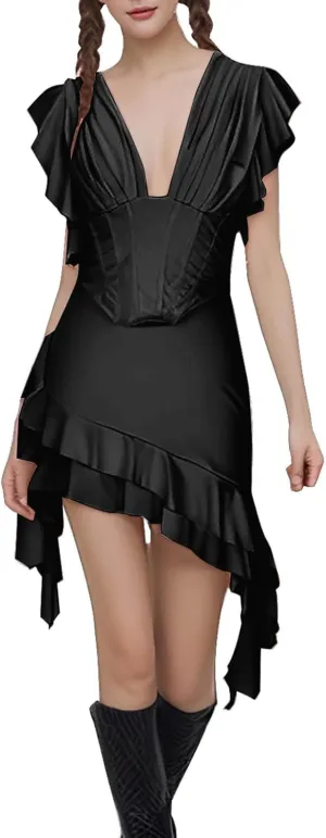 Women Ruffle Bandage Mini Dress Sexy Deep V Neck Club Party Bodycon Dress Summer Frill Sleeveless Y2K Cocktail Dress