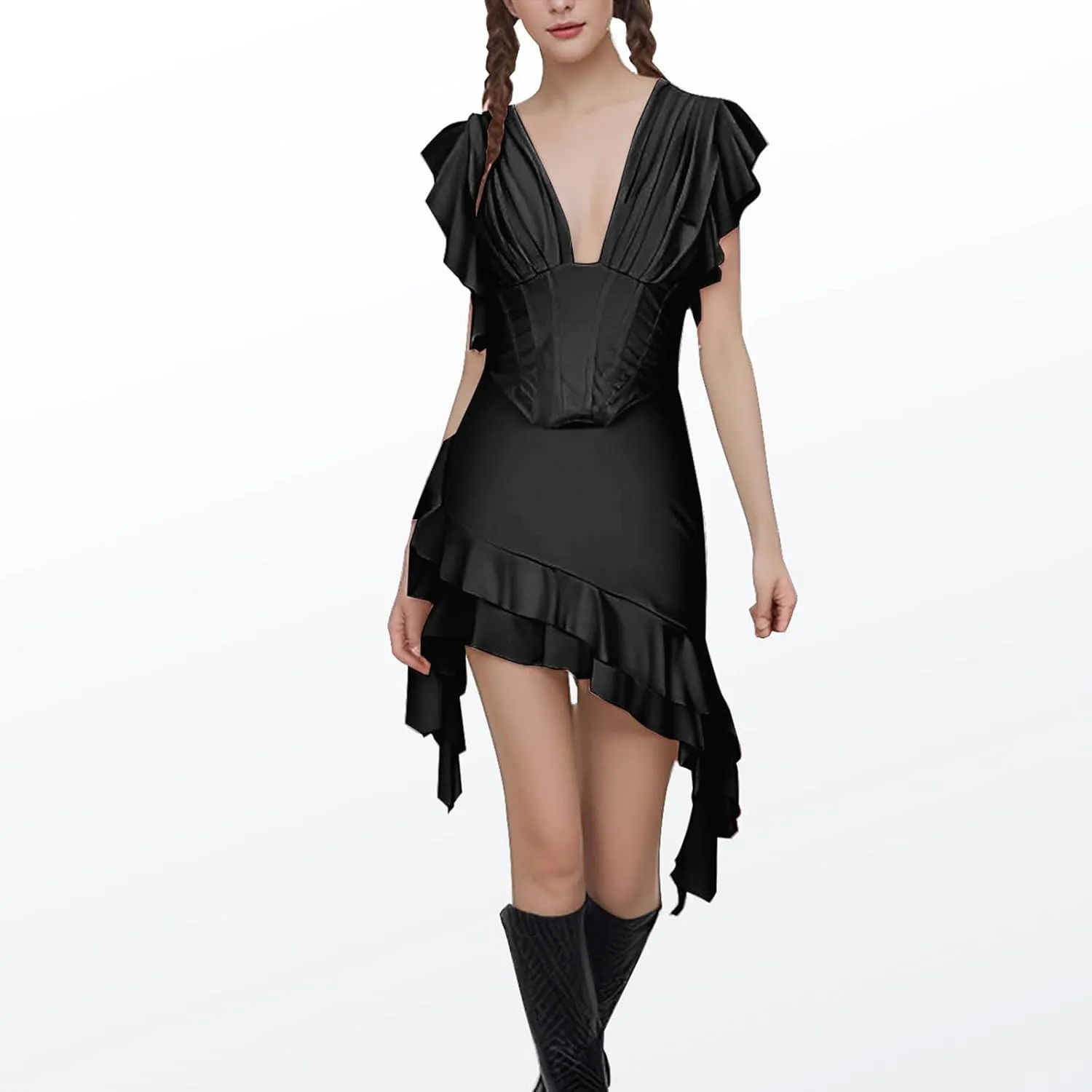 Women Ruffle Bandage Mini Dress Sexy Deep V Neck Club Party Bodycon Dress Summer Frill Sleeveless Y2K Cocktail Dress