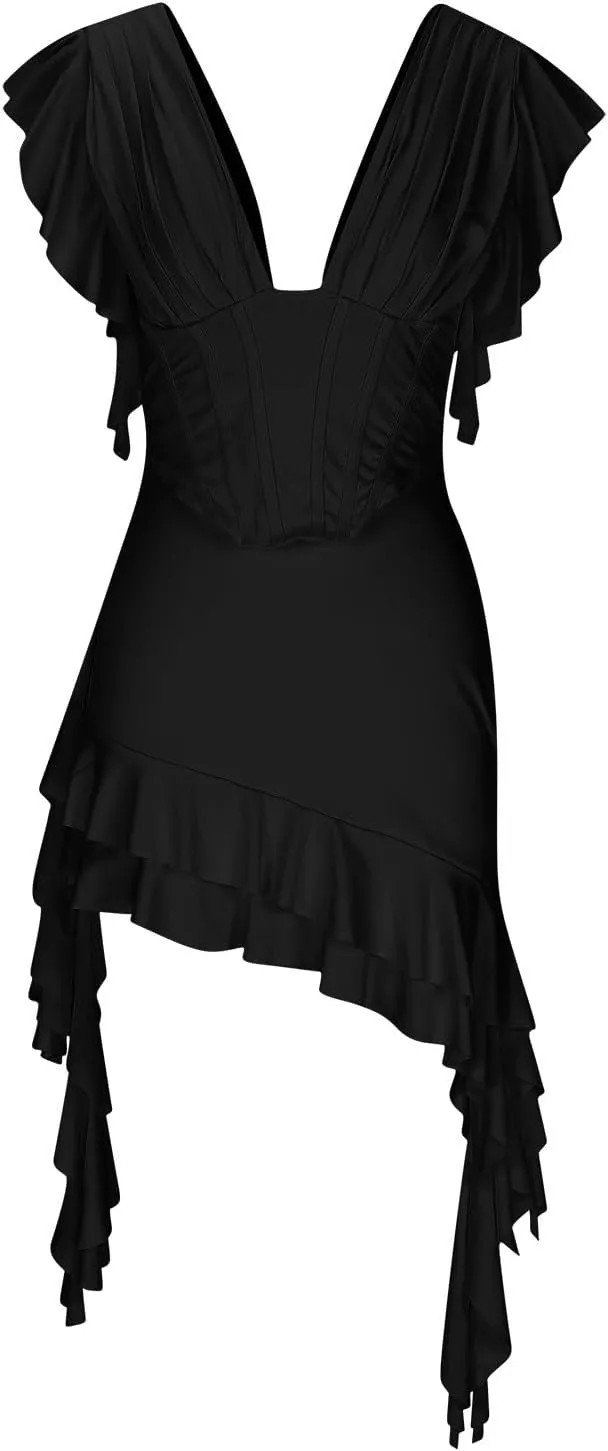 Women Ruffle Bandage Mini Dress Sexy Deep V Neck Club Party Bodycon Dress Summer Frill Sleeveless Y2K Cocktail Dress
