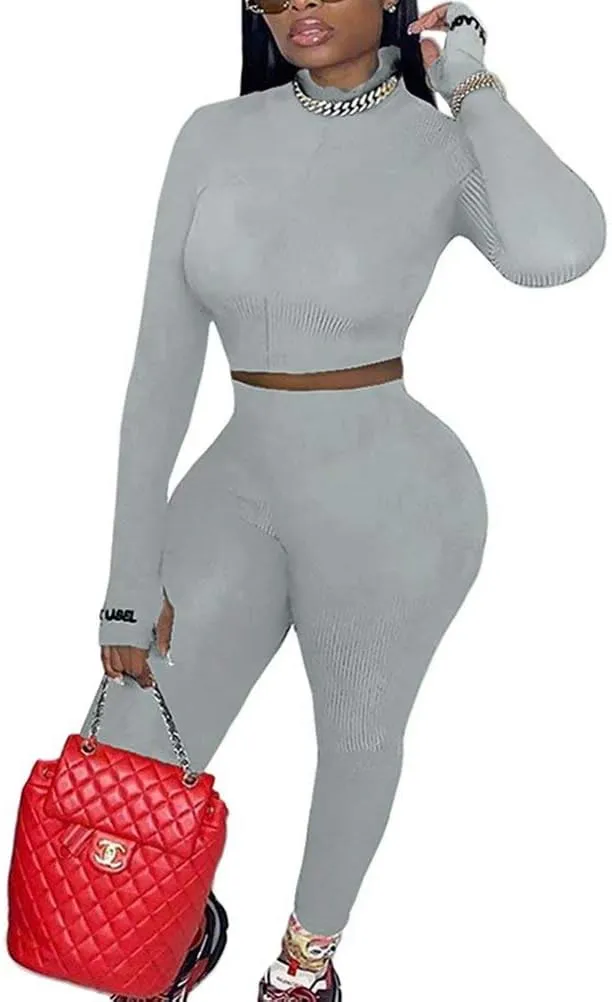 Women Sexy 2 Piece Outfits Ribbed Zipper High Neck Crop Top Thumb Holes Long Bodycon Pants Set Tracksuit Clubwear