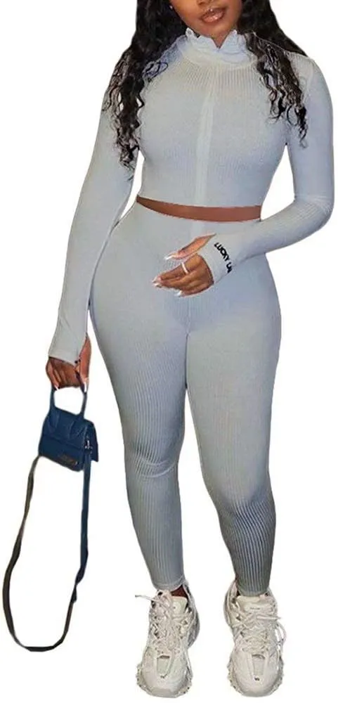 Women Sexy 2 Piece Outfits Ribbed Zipper High Neck Crop Top Thumb Holes Long Bodycon Pants Set Tracksuit Clubwear