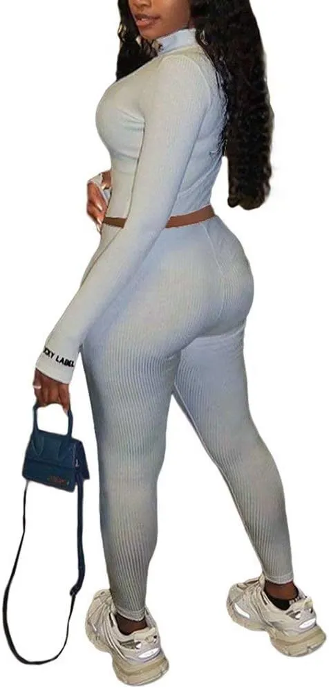 Women Sexy 2 Piece Outfits Ribbed Zipper High Neck Crop Top Thumb Holes Long Bodycon Pants Set Tracksuit Clubwear