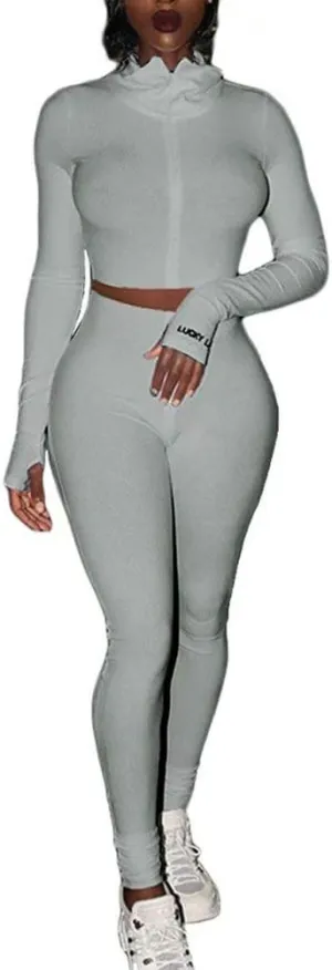 Women Sexy 2 Piece Outfits Ribbed Zipper High Neck Crop Top Thumb Holes Long Bodycon Pants Set Tracksuit Clubwear