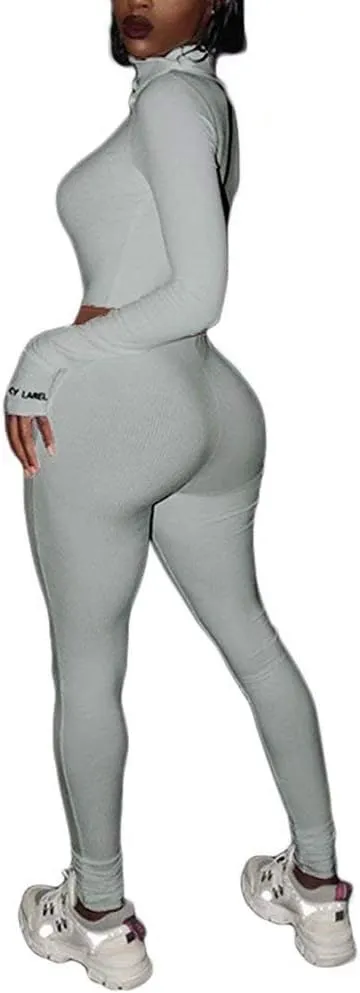 Women Sexy 2 Piece Outfits Ribbed Zipper High Neck Crop Top Thumb Holes Long Bodycon Pants Set Tracksuit Clubwear