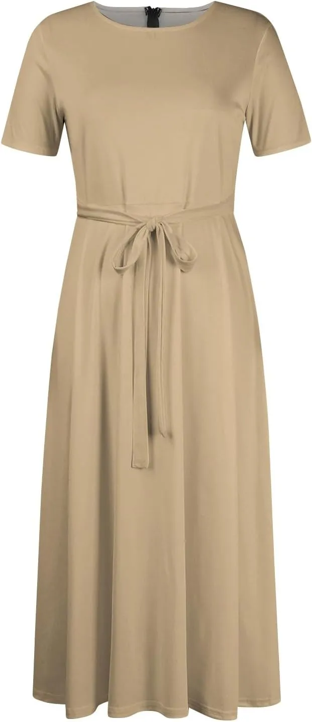 Women Spring High Waist Short Sleeve Casual Solid Color Round Neck Drawstring Swing Big Hem Maxi Dresses, XL-5XL