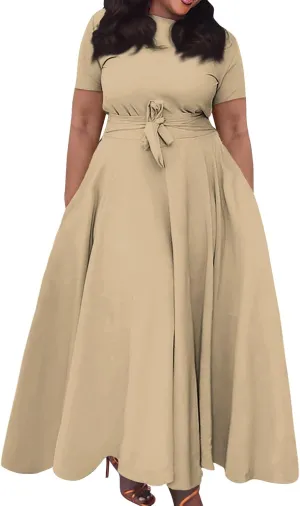 Women Spring High Waist Short Sleeve Casual Solid Color Round Neck Drawstring Swing Big Hem Maxi Dresses, XL-5XL