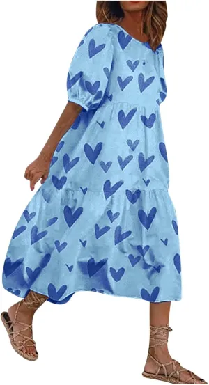 Women Summer Casual Floral Midi Dress Puff Short Sleeve Tiered Swing Ruffle Flowy A-Line Dresses for Vacation