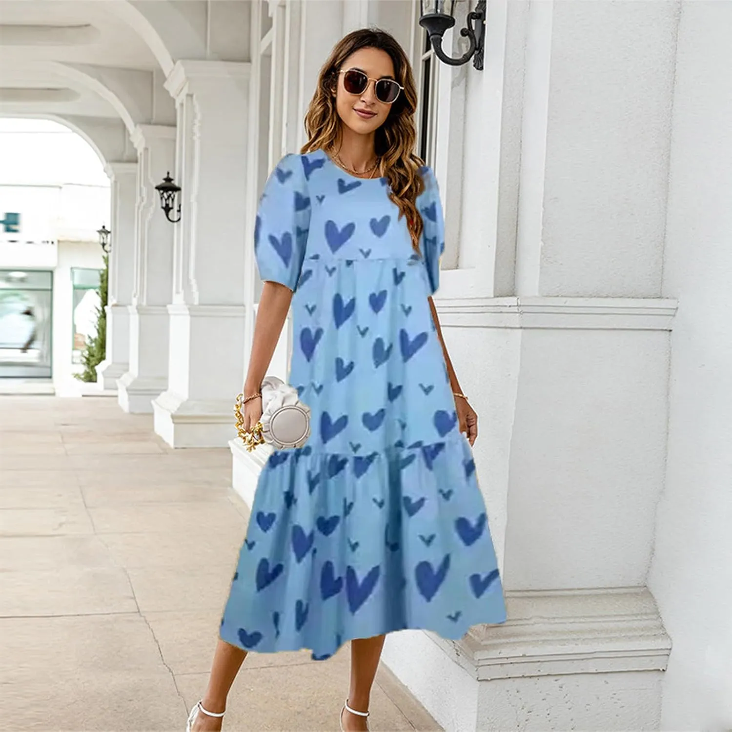 Women Summer Casual Floral Midi Dress Puff Short Sleeve Tiered Swing Ruffle Flowy A-Line Dresses for Vacation