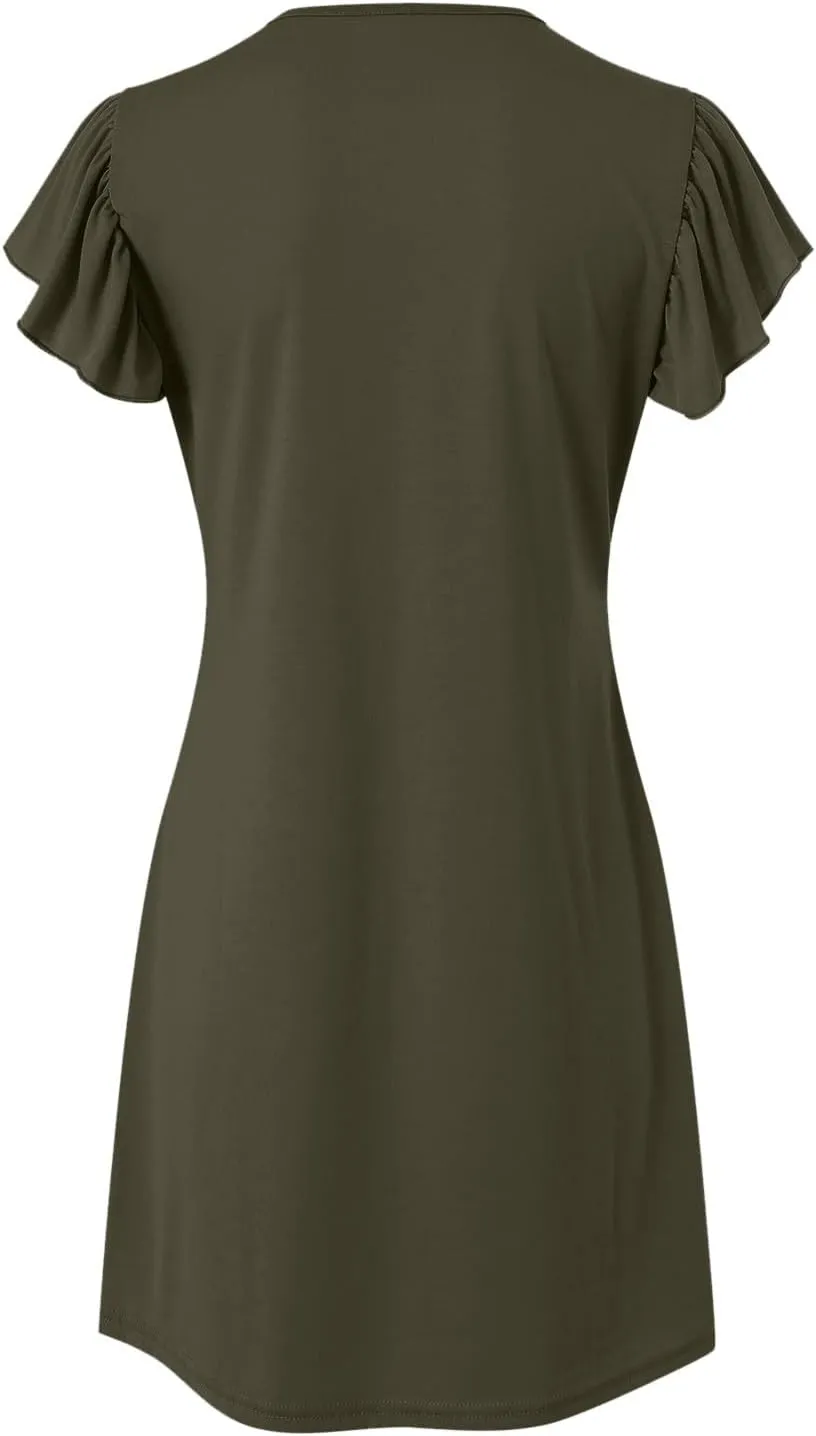 Women Summer Dresses Beach Deep V Neck Loose Ruffle Sleeve A Line Plain Casual Solid Loose Short Flowy Mini Dress