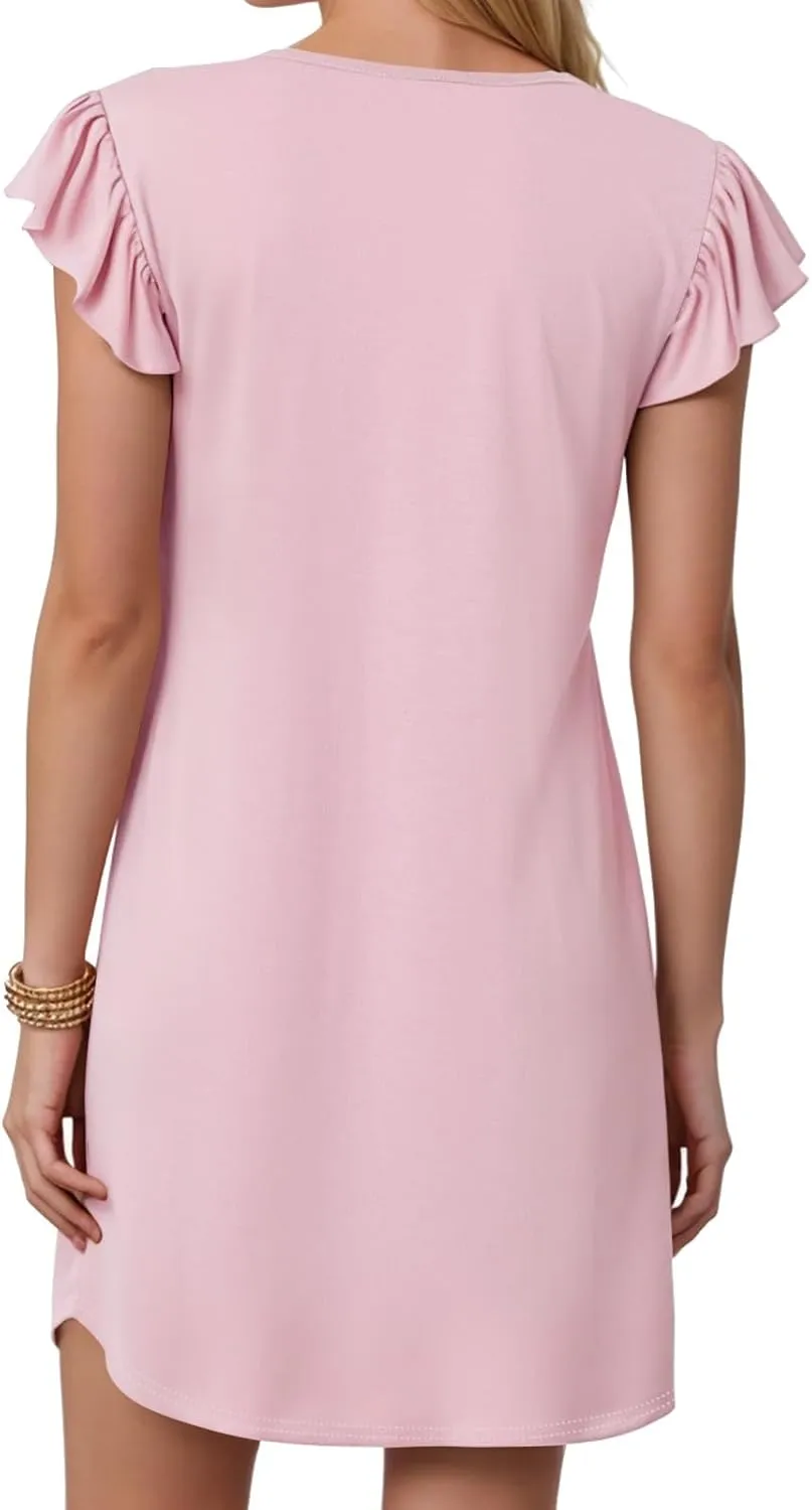 Women Summer Dresses Beach Deep V Neck Loose Ruffle Sleeve A Line Plain Casual Solid Loose Short Flowy Mini Dress