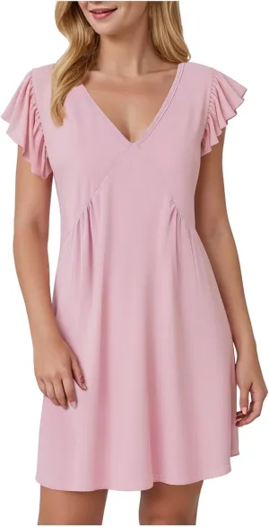 Women Summer Dresses Beach Deep V Neck Loose Ruffle Sleeve A Line Plain Casual Solid Loose Short Flowy Mini Dress