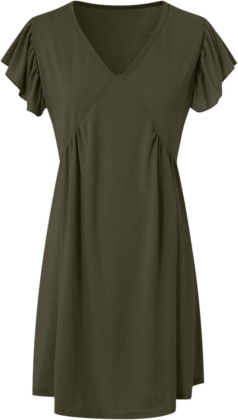 Women Summer Dresses Beach Deep V Neck Loose Ruffle Sleeve A Line Plain Casual Solid Loose Short Flowy Mini Dress