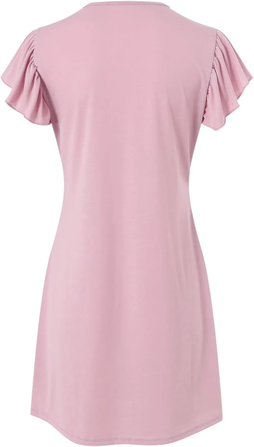 Women Summer Dresses Beach Deep V Neck Loose Ruffle Sleeve A Line Plain Casual Solid Loose Short Flowy Mini Dress