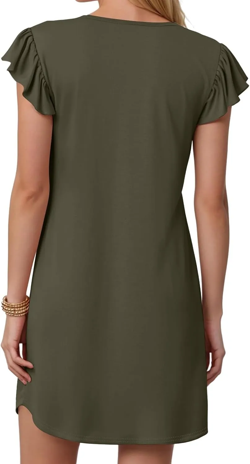 Women Summer Dresses Beach Deep V Neck Loose Ruffle Sleeve A Line Plain Casual Solid Loose Short Flowy Mini Dress