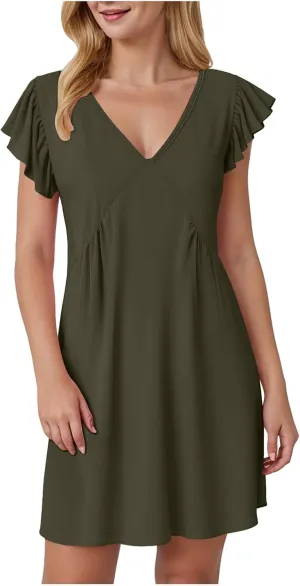 Women Summer Dresses Beach Deep V Neck Loose Ruffle Sleeve A Line Plain Casual Solid Loose Short Flowy Mini Dress