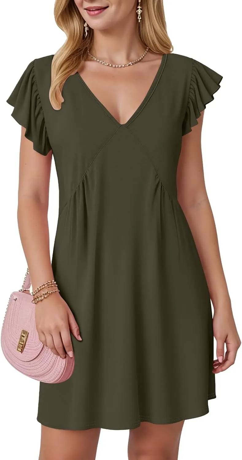 Women Summer Dresses Beach Deep V Neck Loose Ruffle Sleeve A Line Plain Casual Solid Loose Short Flowy Mini Dress