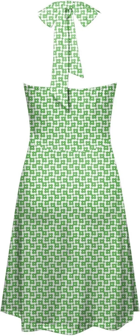 Women Summer Sundress Sleeveless Halter Deep V Neck Backless Boho Floral with Pocket Elastic Waist Ruffle Midi Dress