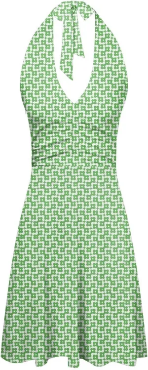 Women Summer Sundress Sleeveless Halter Deep V Neck Backless Boho Floral with Pocket Elastic Waist Ruffle Midi Dress