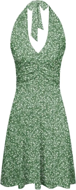 Women Summer Sundress Sleeveless Halter Deep V Neck Backless Boho Floral with Pocket Elastic Waist Ruffle Midi Dress