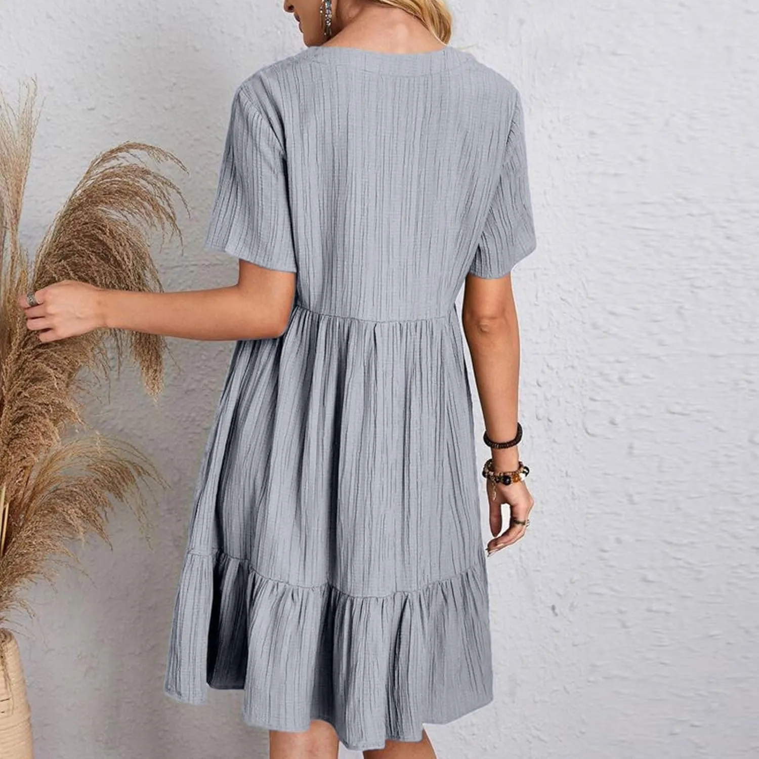 Women V Neck Casual Dresses Summer Loose Short Sleeve Mini Dress Ruffle Cute Beach Swing Boho 2025 Vacation Outfits