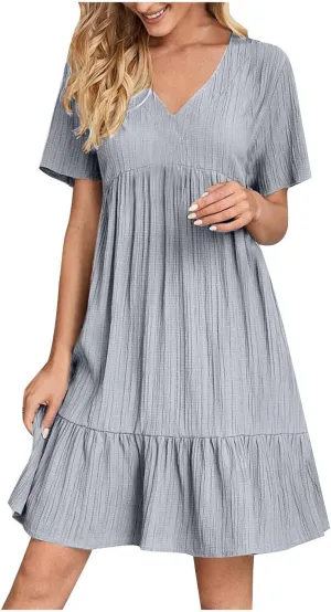 Women V Neck Casual Dresses Summer Loose Short Sleeve Mini Dress Ruffle Cute Beach Swing Boho 2025 Vacation Outfits