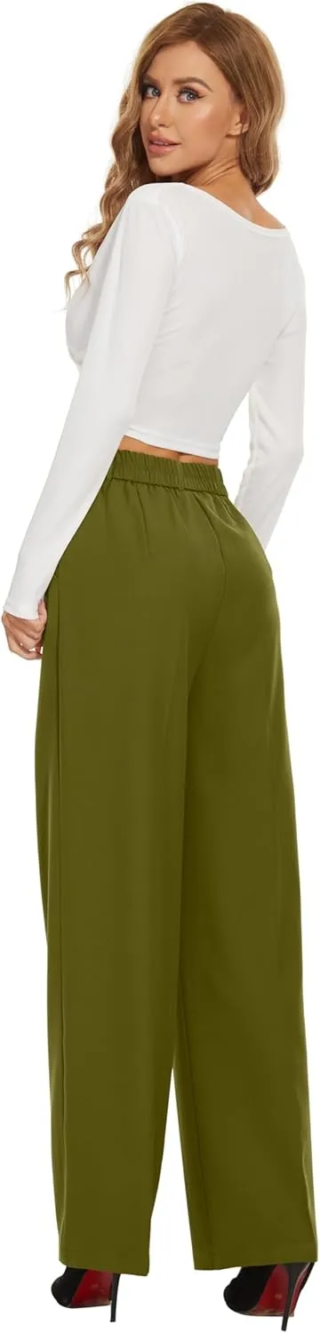 Women Wide Leg High Waist Wide Leg Pants Loose Fit Back Elastic Waist Pleated Front Trousers for Work Casual
