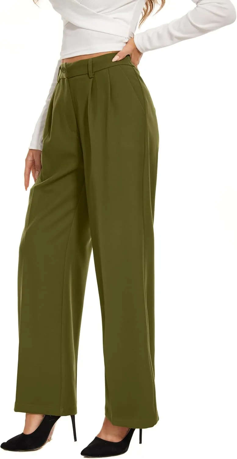Women Wide Leg High Waist Wide Leg Pants Loose Fit Back Elastic Waist Pleated Front Trousers for Work Casual