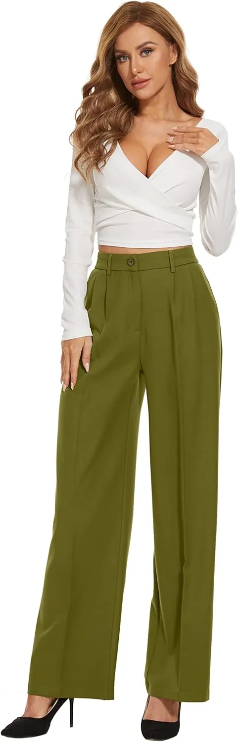 Women Wide Leg High Waist Wide Leg Pants Loose Fit Back Elastic Waist Pleated Front Trousers for Work Casual