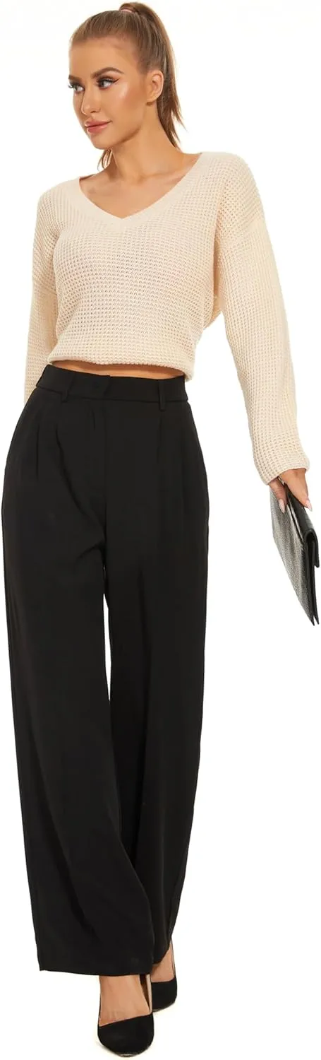 Women Wide Leg High Waist Wide Leg Pants Loose Fit Back Elastic Waist Pleated Front Trousers for Work Casual