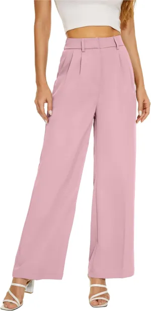 Women Wide Leg High Waist Wide Leg Pants Loose Fit Back Elastic Waist Pleated Front Trousers for Work Casual