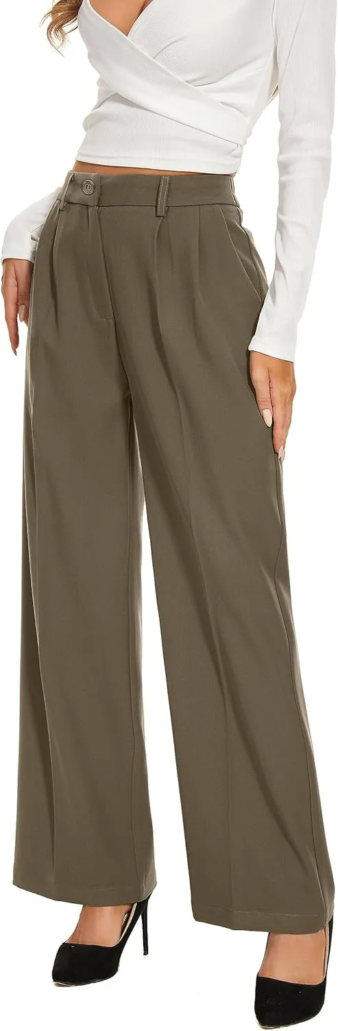 Women Wide Leg High Waist Wide Leg Pants Loose Fit Back Elastic Waist Pleated Front Trousers for Work Casual
