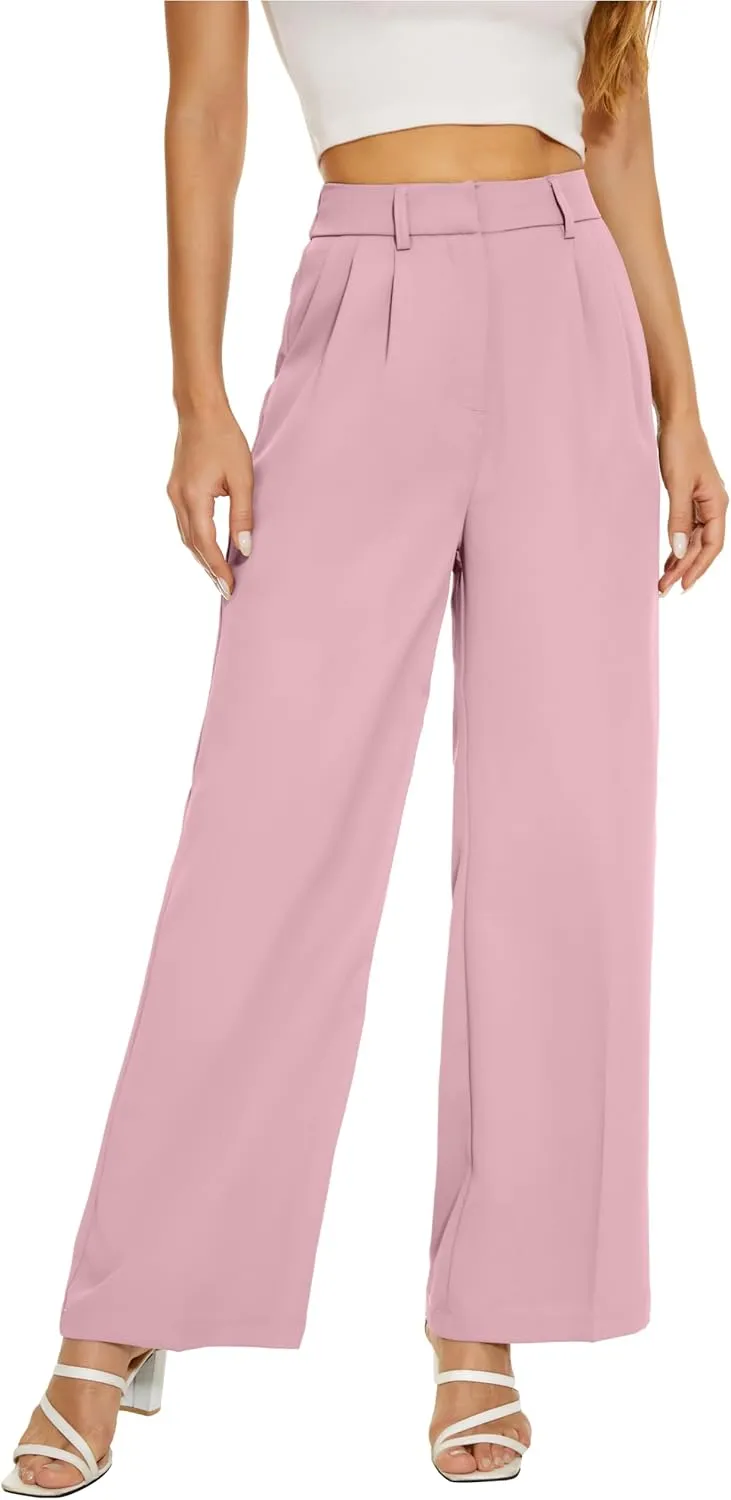 Women Wide Leg High Waist Wide Leg Pants Loose Fit Back Elastic Waist Pleated Front Trousers for Work Casual