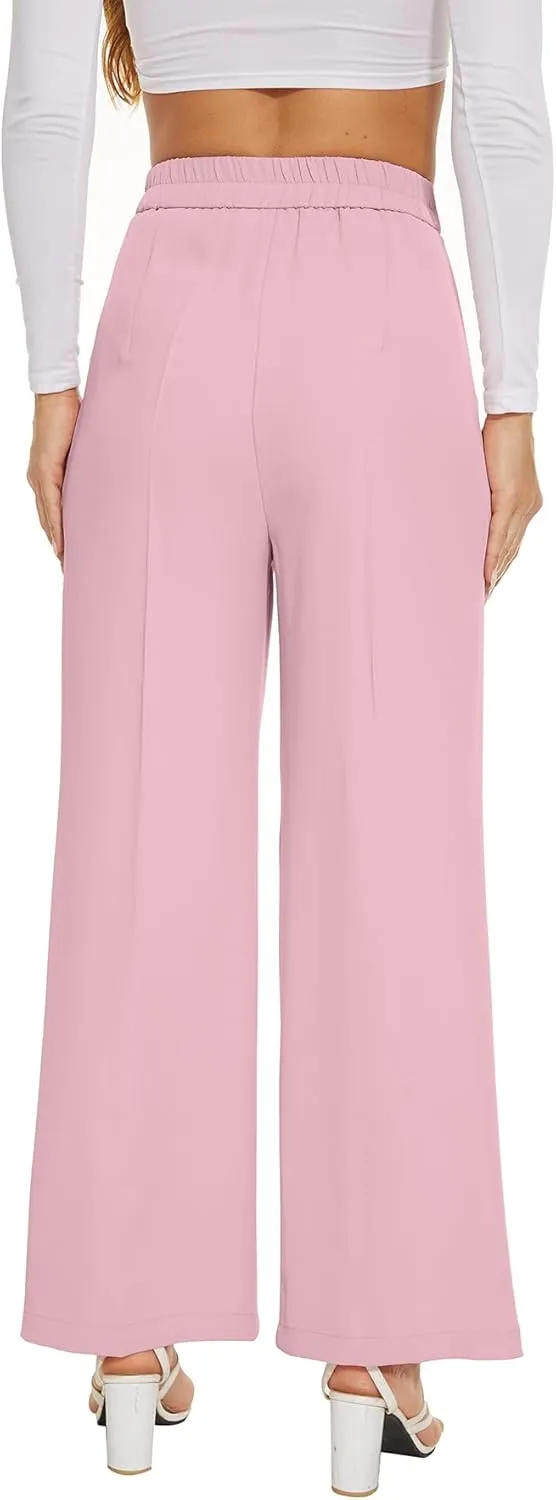Women Wide Leg High Waist Wide Leg Pants Loose Fit Back Elastic Waist Pleated Front Trousers for Work Casual