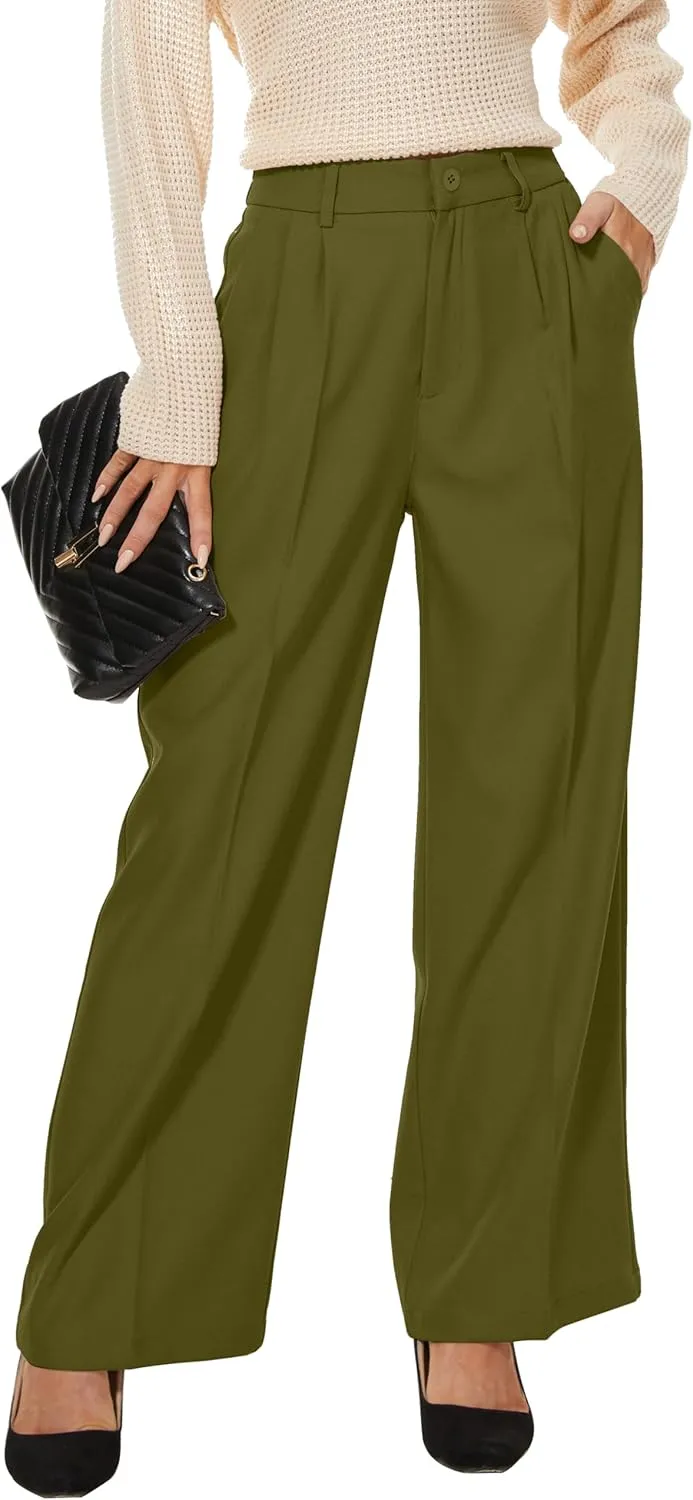Women Wide Leg High Waist Wide Leg Pants Loose Fit Back Elastic Waist Pleated Front Trousers for Work Casual