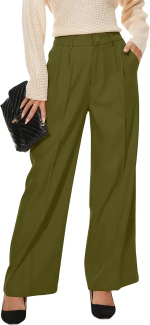 Women Wide Leg High Waist Wide Leg Pants Loose Fit Back Elastic Waist Pleated Front Trousers for Work Casual