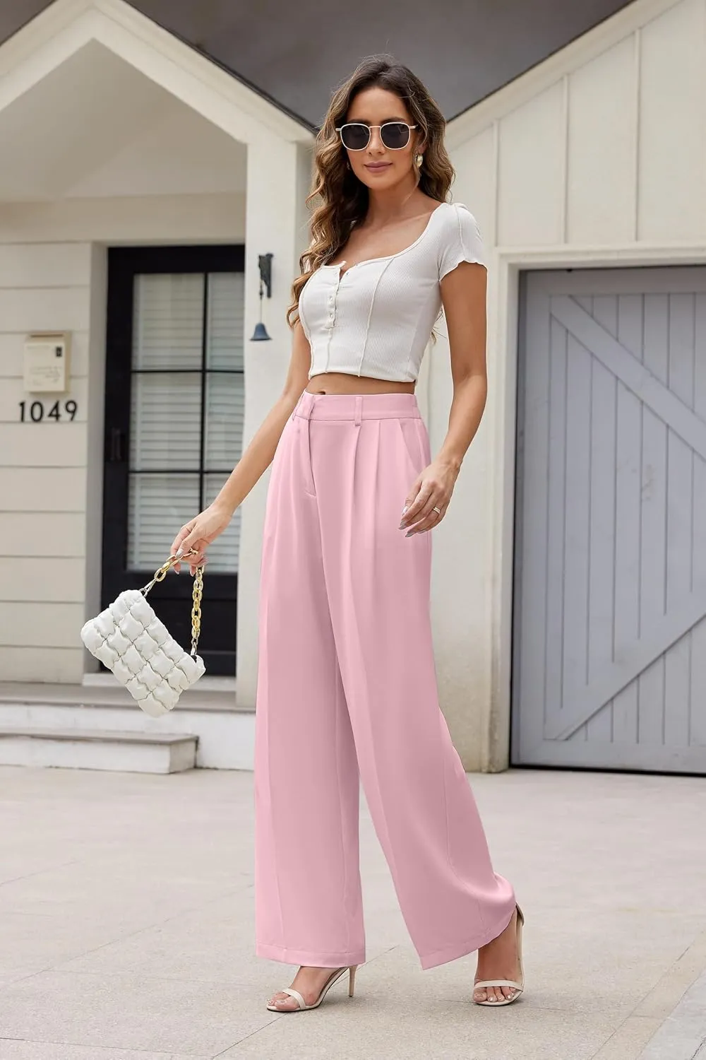 Women Wide Leg High Waist Wide Leg Pants Loose Fit Back Elastic Waist Pleated Front Trousers for Work Casual