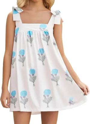 Women Y2K Tie Shoulder Mini Dress Square Neck Floral Ruffle Flowy Babydoll Dress Summer Bow Strap Boho Short Dresses