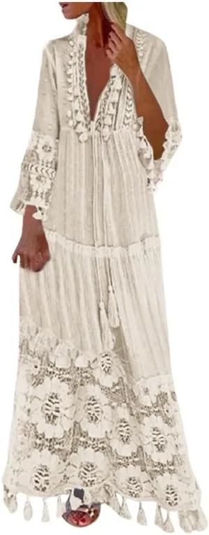 Women's 2024 Boho Long Sleeve V Neck Smocked High Waist Flowy A Line Embroidered Lace Maxi Dress Loose Beach Sundress