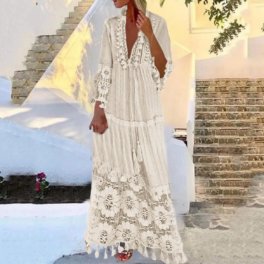 Women's 2024 Boho Long Sleeve V Neck Smocked High Waist Flowy A Line Embroidered Lace Maxi Dress Loose Beach Sundress