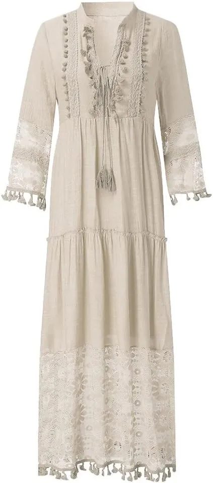 Women's 2024 Boho Long Sleeve V Neck Smocked High Waist Flowy A Line Embroidered Lace Maxi Dress Loose Beach Sundress