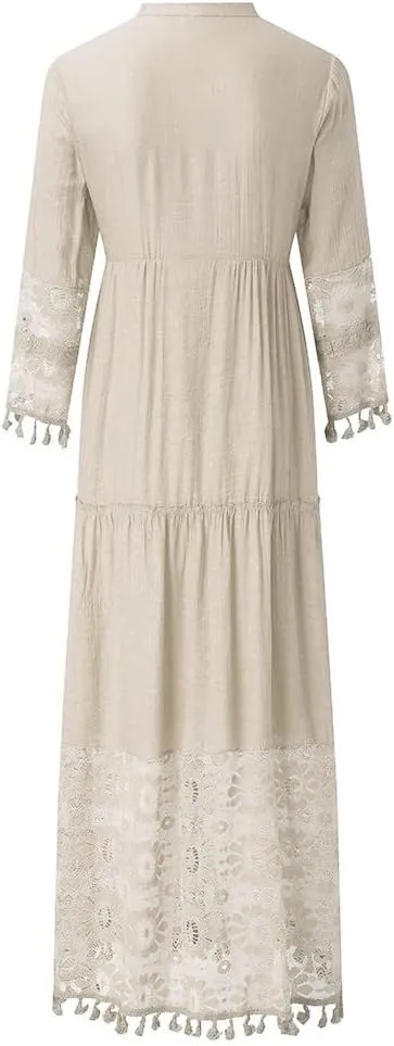 Women's 2024 Boho Long Sleeve V Neck Smocked High Waist Flowy A Line Embroidered Lace Maxi Dress Loose Beach Sundress
