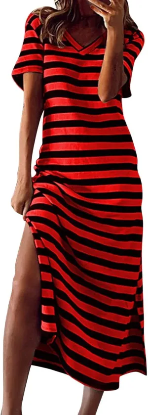 Womens 2024 Casual Maxi Dress Trendy Short Sleeve V Neck High Split Stripe Sundress Summer Long Beach Tshirt Dresses