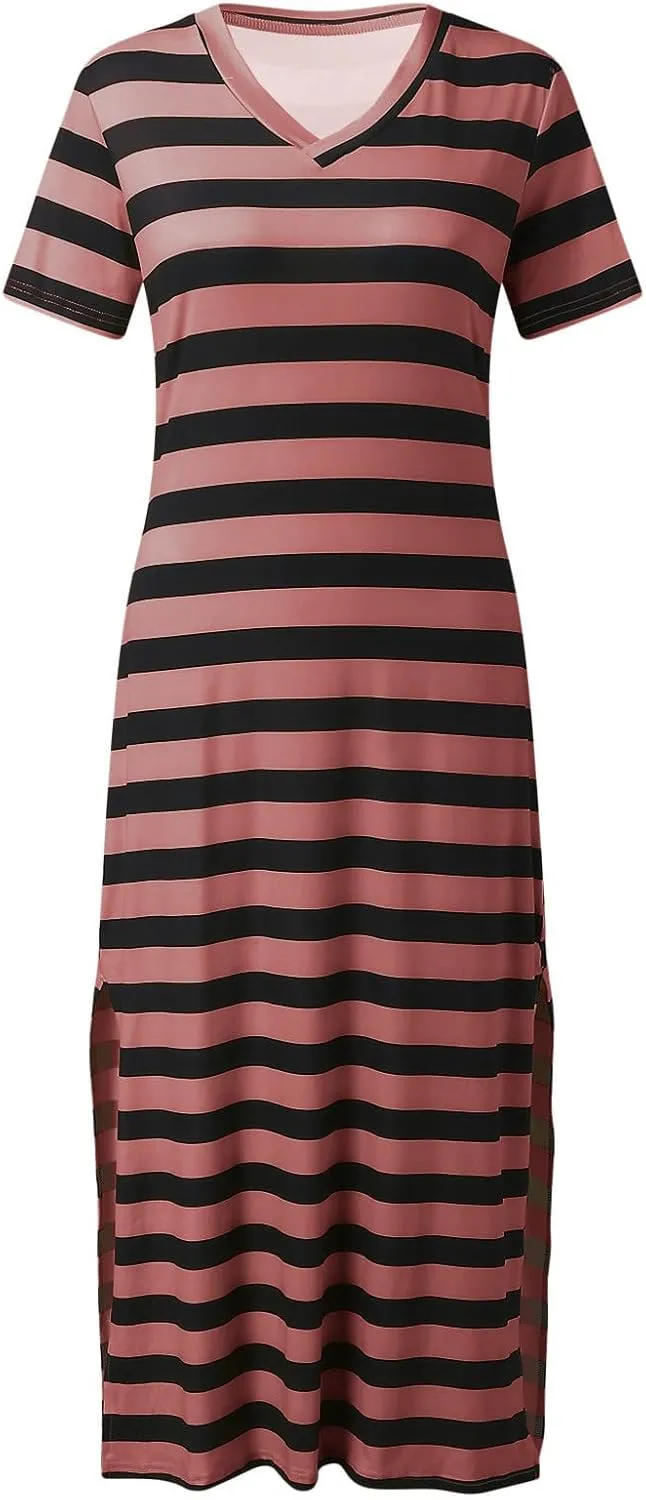 Womens 2024 Casual Maxi Dress Trendy Short Sleeve V Neck High Split Stripe Sundress Summer Long Beach Tshirt Dresses
