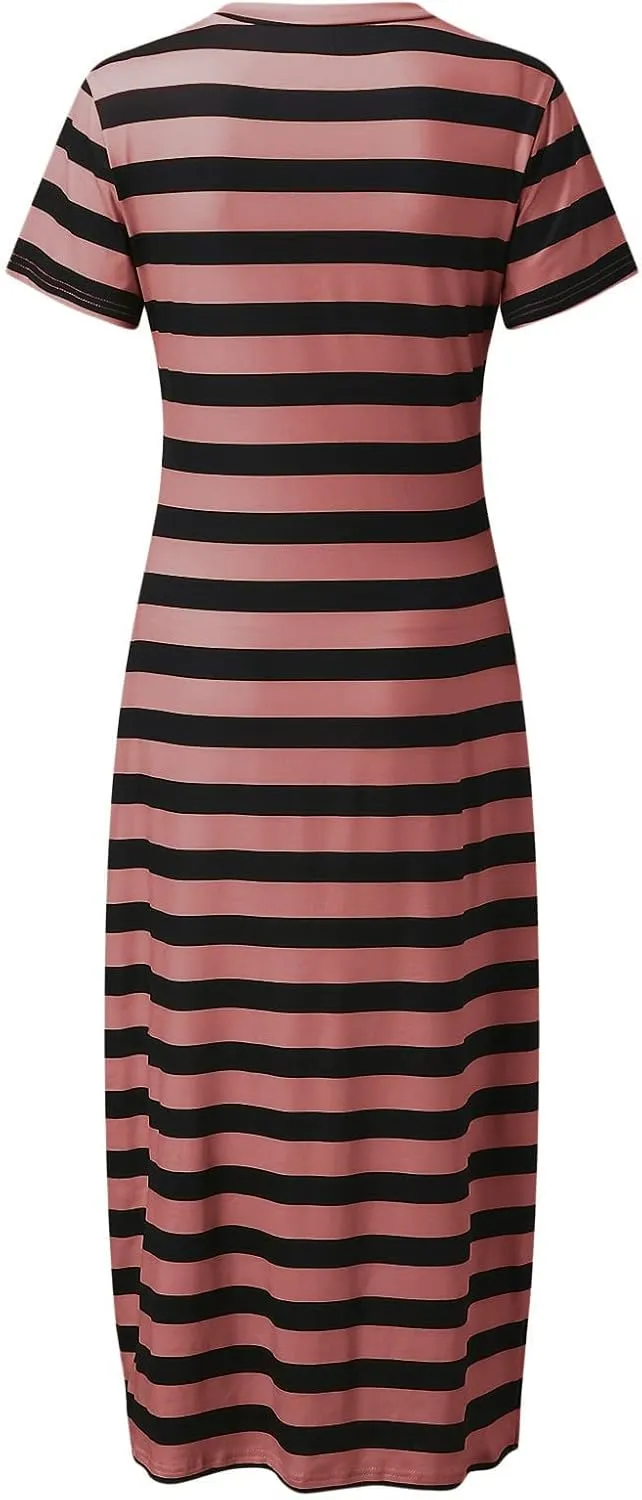 Womens 2024 Casual Maxi Dress Trendy Short Sleeve V Neck High Split Stripe Sundress Summer Long Beach Tshirt Dresses