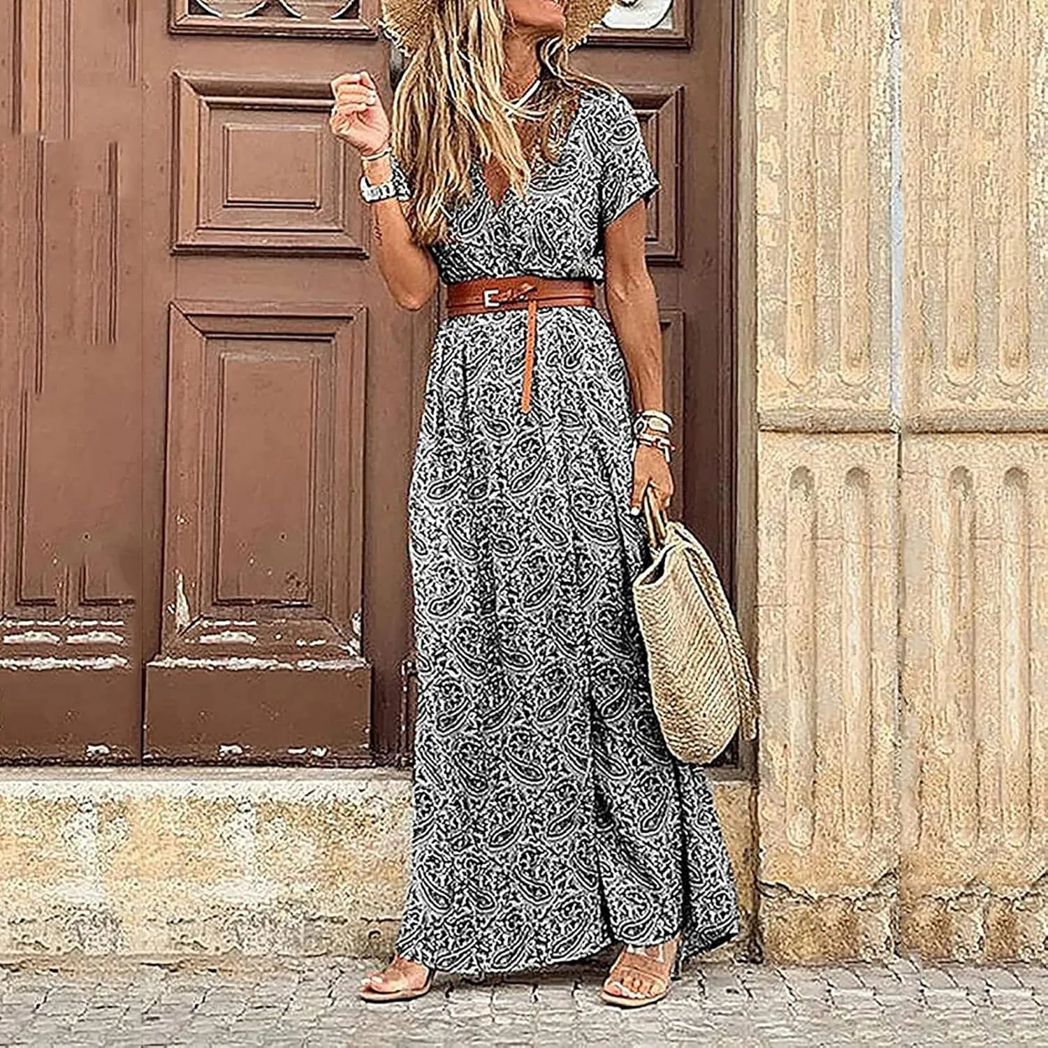 Women's 2025 Summer Boho Dresses Floral Short Sleeve Maxi Dress Sexy V Neck Swing Dress Slit Long Dresses Sundresses